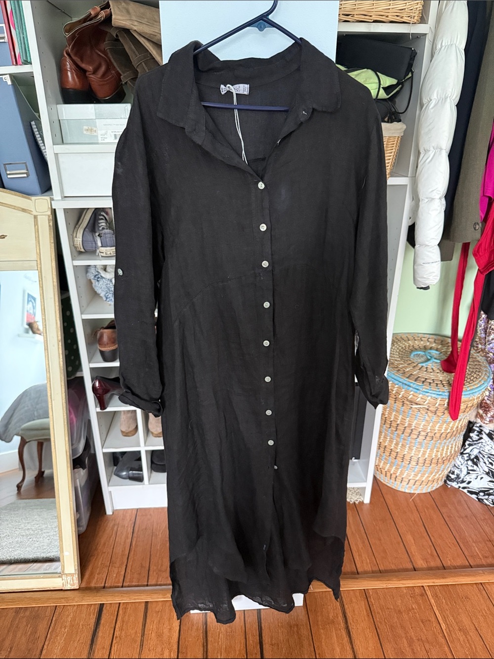 Black Button-Down Long Sleeve 100% linen Shirt Dress - made in Italy